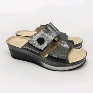 VITAL 1662 Wedge Slip On Leather Sandal Austria Size EU 41- US 10 Silver Black